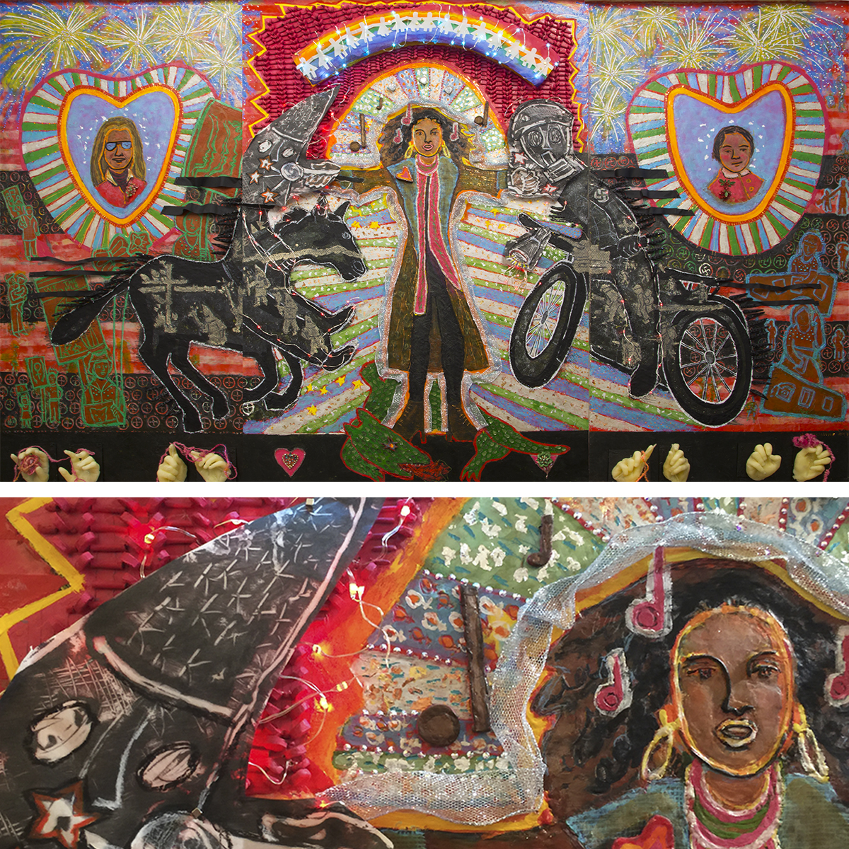 "Women's March 2017", encaustic with paper, lights and crystals, 2017